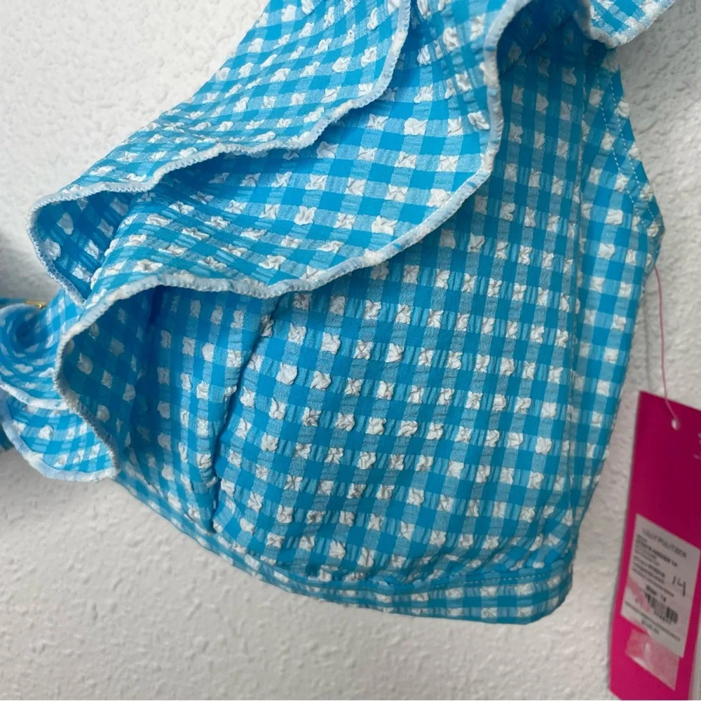 New Lilly Pulitzer Aelin Bikini Swim Top in Crinkle Turquoise Blue Oasis Gingham